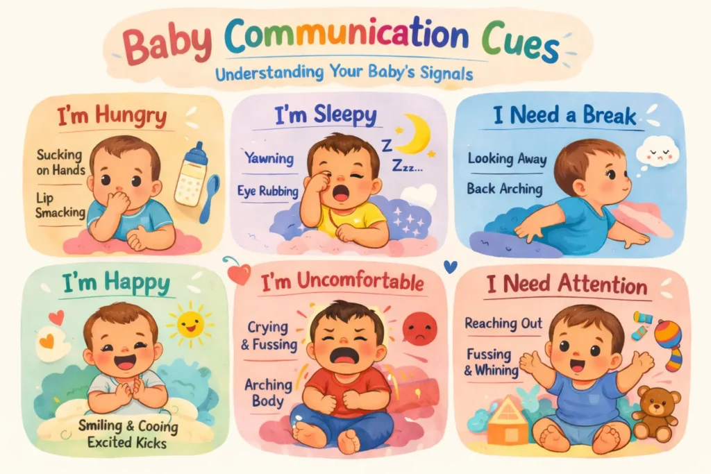 Baby communication cues are the physical signals, sounds, expressions, and movements your baby uses to express their needs,