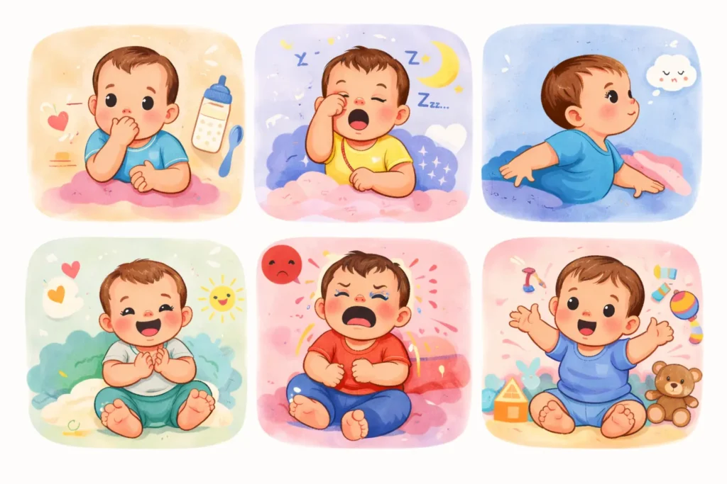 Baby communication cues are the physical signals, sounds, expressions, and movements your baby uses to express their needs, 